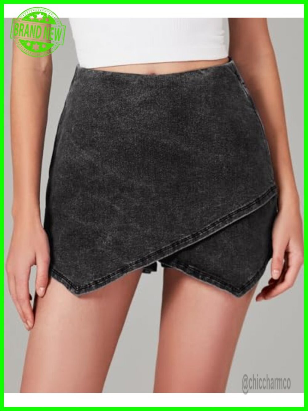 Denim Skort with Pockets - High Waisted Pull On Wrap Skort - Picture 2 of 6